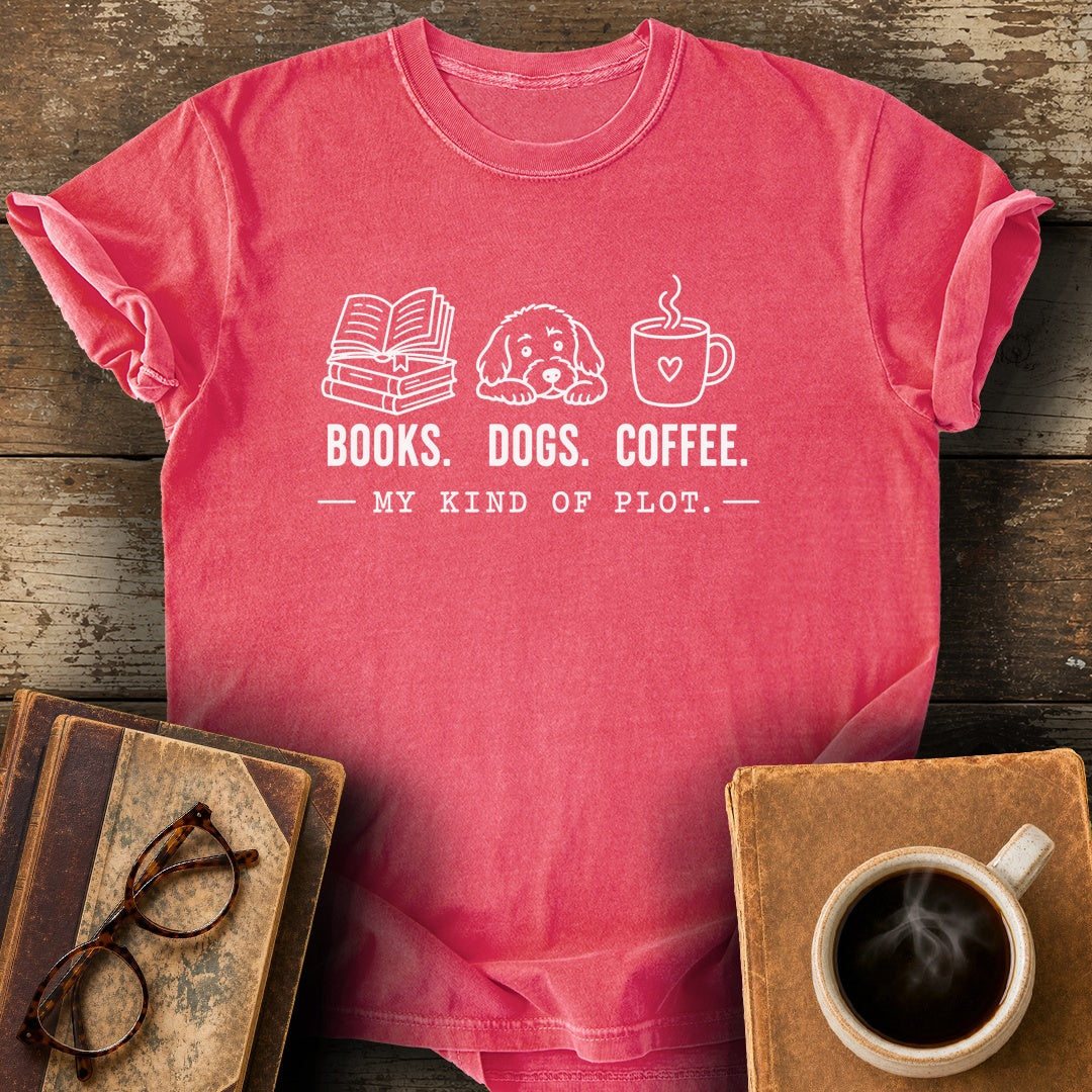 Books Dogs Coffee My Kind of Plot Tee - watermelon shirt mockup